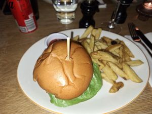 Vegan burger with chips at The Woollen Mills in Dublin