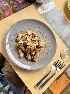Pasta with eggplant cream and pistachio pesto  at La Casareccia in Avigliano Umbro