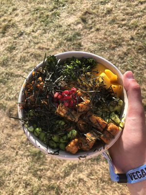 Edamame, maple glazed sweet potato, mango, avocado ‘smash’, tempeh, pomegranate seeds and nori on a bed of white rice (£10.95).  at Gourmet Poké  in Bristol