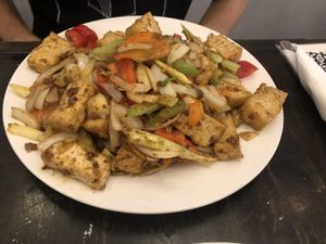 Lemongrass tofu with extra tofu   at Loving Hut in Brooklyn