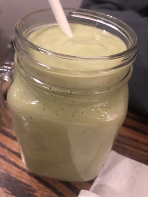 Loving hut smoothies - avocado, apple, banana, kale, almond milk 
  at Loving Hut in Brooklyn