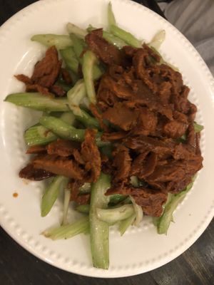 BBQ seitan with celery 
  at Loving Hut in Brooklyn