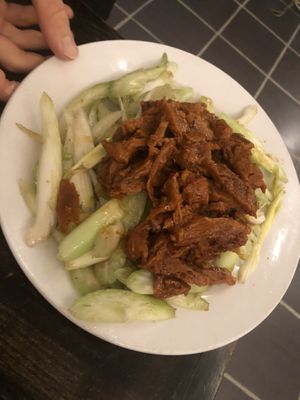 BBQ seitan with celery   at Loving Hut in Brooklyn