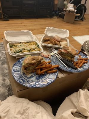 Spinach mac and cheese, nuggets, façon burger  at Loving Hut in Brooklyn