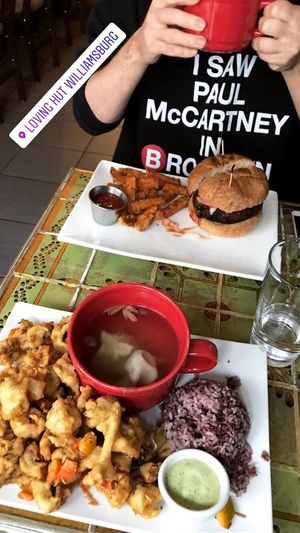 daily special and a burger at Loving Hut in Brooklyn