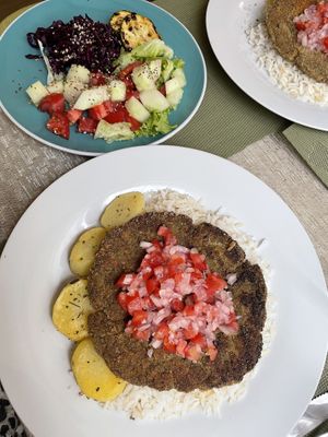 “Silpancho” - veganised version of a Bolivian dish  at Kechwa Mikuna Vegan in Sucre