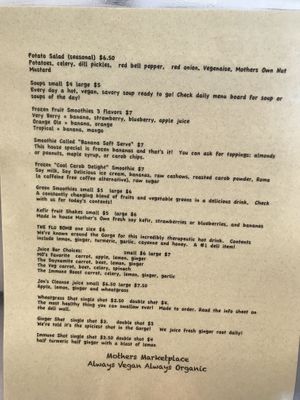 Backside of detailed menu at Mother's Marketplace Deli in Hood River