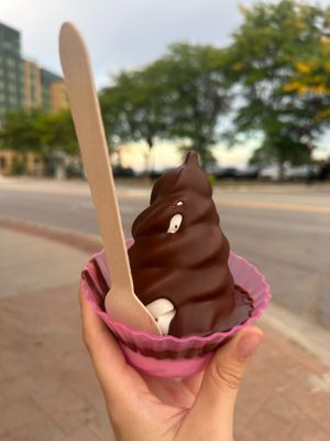 Vegan oat ice cream with Belgian dark chocolate dip at La Creme de la Creme Creamery Inc in Burlington