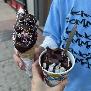 Dark Choc Dip with sprinkles, Oreo Twister with dark chocolate drizzle  at La Creme de la Creme Creamery Inc in Burlington