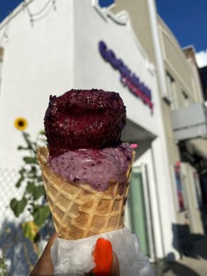 Blueberry Lavender sorbet + blueberry pancake in a waffle cone  at Cookman Creamery in Asbury Park