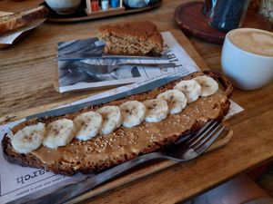 Peanut butter + banana + agave syrup toast ("Mariconchi") at Cafelito in Madrid