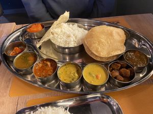 South-Indian thali (#307): very good! It has different flavours and some items are very spicy  at Krishna Vilas - Hoofddorp in Hoofddorp