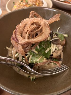 Mushroom hoisin | Wood ear | Zucchini | Watercress | Truffle vinaigrette | Onion rings  at Honeysuckle Restaurant  in Buderim