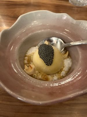 Mango ice cream | Coconut tapioca | Lychee | Basil seeds   at Honeysuckle Restaurant  in Buderim