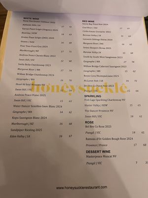 Wine list   at Honeysuckle Restaurant  in Buderim
