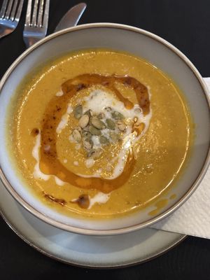 Seasonal pumpkin soup with red lentils  at Oleum in Baltimore