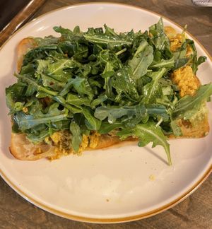 Avocado toast with tofu scrambled & arugula on ciabatta😋  at Oleum in Baltimore