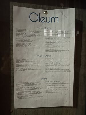 Menu  at Oleum in Baltimore