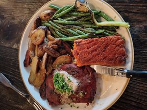Steak and blackened salmon fillet at Oleum in Baltimore