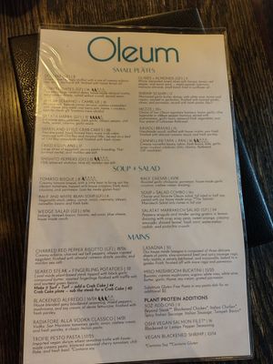 Restaurant menu front page at Oleum in Baltimore