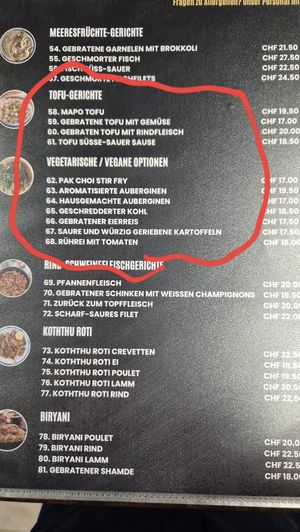 Vegan/vegetarian section of the menu at Mama Asia Takeaway in Olten