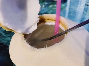 Cold young coconut at Su He Jing Vegetarian Cuisine in Guangzhou