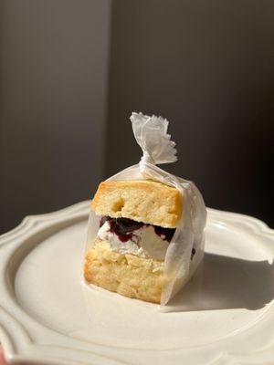 🫐Blueberry tart
Fresh fruit turned into jam —
this juicy and refreshing scone sandwich
pairs sweet blueberry with smooth cream cheese for a perfect bite. at iro scone in Yokohama