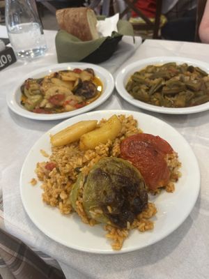 Briam (left), stuffed pepper & tomato (centre), okra (right)  at Fysa Roufa in Ioannina