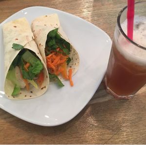 Veggie hummus wrap and peace ice tea  at The Green Bean Coffee Shop in Yerevan