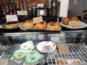 sweet and savoury vegan items in the cabinet at Bullet Coffee House and Eatery in Hastings