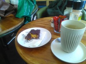 Lovely short chocolate cake and tea at Bullet Coffee House and Eatery in Hastings