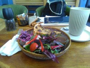 Flan or Quiche, which is vegan and coffee. at Bullet Coffee House and Eatery in Hastings