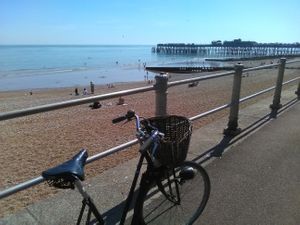 Walk or cycle Ore to Bexhill if you like. Bike pictured is a 1955 but virtually new old bike.  Classic, basket, four speed dyno-four and lights. at Bullet Coffee House and Eatery in Hastings