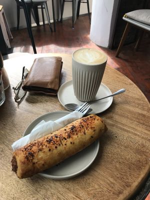 This lovely vegan sausage roll has something subtle and nice in it. Vicky tells me it might be nutritional yeast.

Perhaps I should not say this, but like Mum's meat pasties. at Bullet Coffee House and Eatery in Hastings