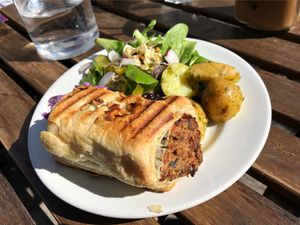 Vegan Nut Roast w/salad and new potatoes at Bullet Coffee House and Eatery in Hastings