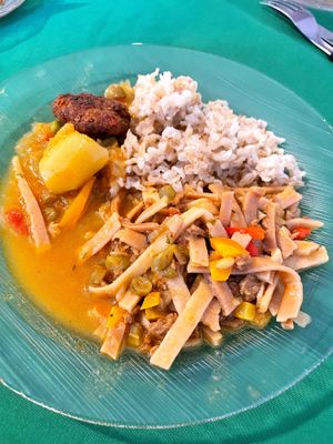 Main was brown rice with quinoa meatballs, and ají de fideo - he gave us a little bit of both   at Raul in Cochabamba