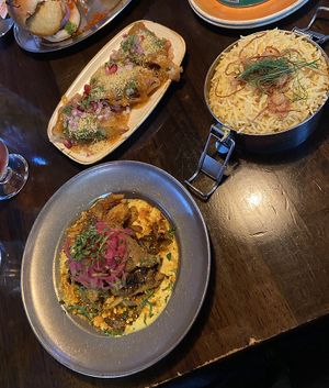 Samosa, rice, mushroom dish  at Mission Masala's Bombay BBQ in Brussels