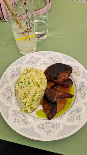 Mushroom steak with potatoes at Barbarella PLANT Bistro in Ljubljana