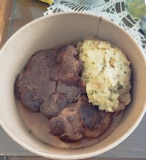 Lion's mane stake with roasted potatoes at Barbarella PLANT Bistro in Ljubljana