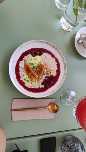 Porridge with cherrys and banana brulee   at Barbarella PLANT Bistro in Ljubljana