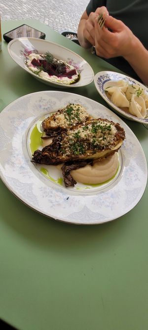 Roastet cabbage, ravioli and beetroot in yoghurt at Barbarella PLANT Bistro in Ljubljana