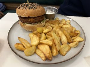 Burger en fries  at Barbarella PLANT Bistro in Ljubljana