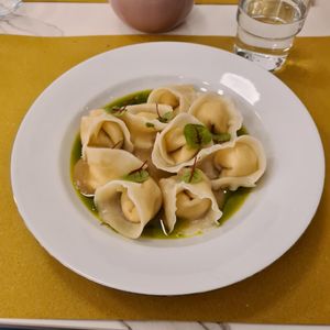 Homemade tortellini with hazelnut at Barbarella PLANT Bistro in Ljubljana