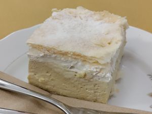 Traditional cream cake at Barbarella PLANT Bistro in Ljubljana