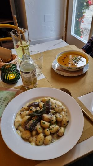 Gnocci with mushroom sauce & cream soup at Barbarella PLANT Bistro in Ljubljana