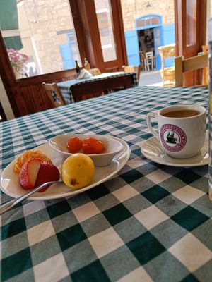 Cyprus coffee and free dessert (fruit platter) at Gabriels Tavern Kouklia in Paphos