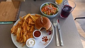 Burger with pulled mushroom and soy Schnetzel, fries and small salad. at Katzentempel - Trier  in Trier