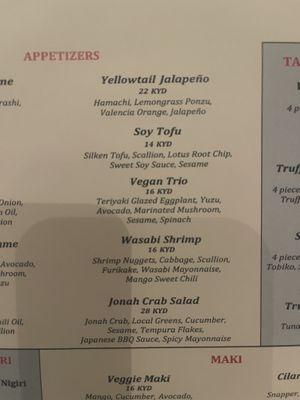 Appetizer menu options  at Taikun in George Town