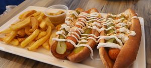 Aamzing vegan hot dog with vegan mayo. Bun was too dry but everything else was perfect. at Levels Beach Bar in Ayia Napa