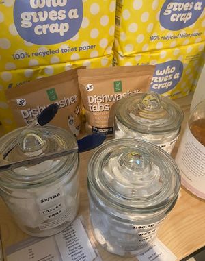 Toilet paper, laundry and dishwasher tabs with pricing   at La Petite Épicerie Nyc in New York City